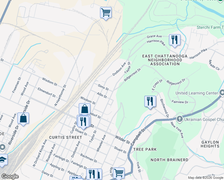 map of restaurants, bars, coffee shops, grocery stores, and more near 3502 Dodson Avenue in Chattanooga