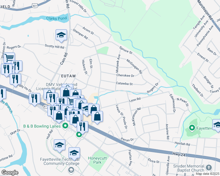 map of restaurants, bars, coffee shops, grocery stores, and more near 1906 Rogers Drive in Fayetteville