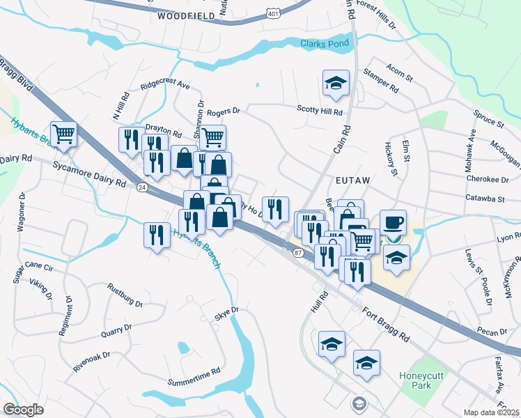 map of restaurants, bars, coffee shops, grocery stores, and more near 909 Pedro Drive in Fayetteville