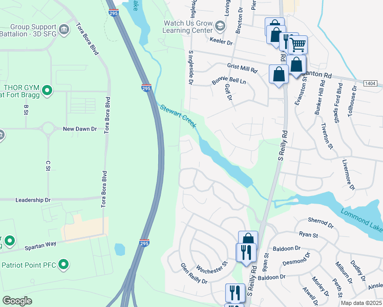 map of restaurants, bars, coffee shops, grocery stores, and more near 946 Stewarts Creek Drive in Fayetteville