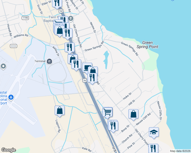 map of restaurants, bars, coffee shops, grocery stores, and more near 305 Lynwood Drive in New Bern