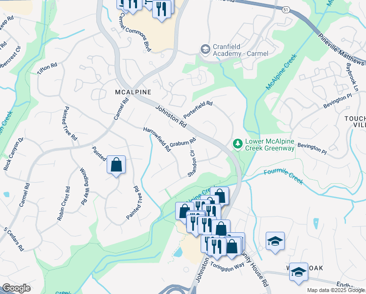 map of restaurants, bars, coffee shops, grocery stores, and more near 7109 Graburn Road in Charlotte