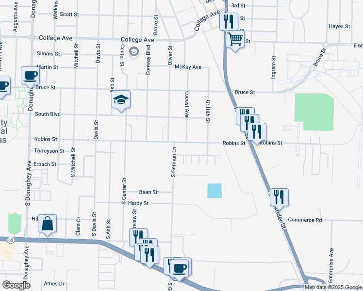 map of restaurants, bars, coffee shops, grocery stores, and more near 105 Locust Street in Conway