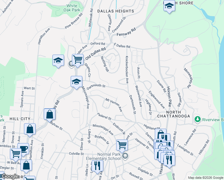 map of restaurants, bars, coffee shops, grocery stores, and more near 897 Dartmouth Street in Chattanooga