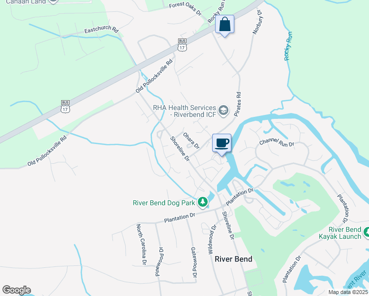 map of restaurants, bars, coffee shops, grocery stores, and more near 18 Pillory Circle in New Bern