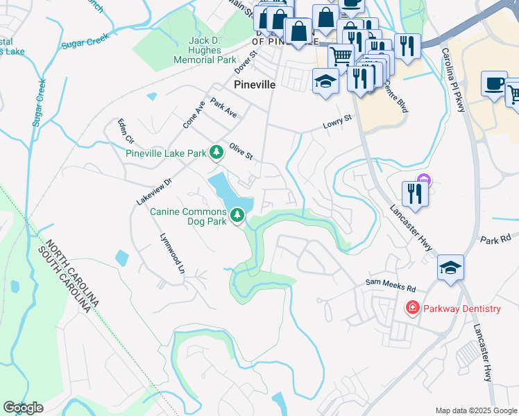 map of restaurants, bars, coffee shops, grocery stores, and more near 426 Robin Reed Court in Pineville