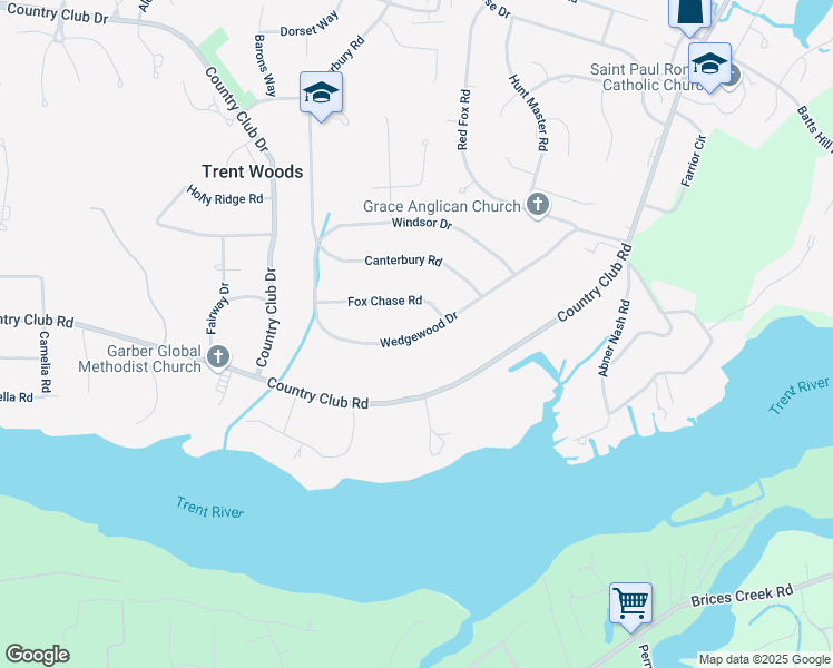 map of restaurants, bars, coffee shops, grocery stores, and more near 3620 Wedgewood Drive in Trent Woods