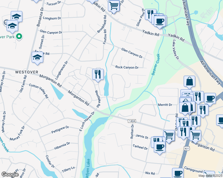 map of restaurants, bars, coffee shops, grocery stores, and more near 209 Waterdown Drive in Fayetteville