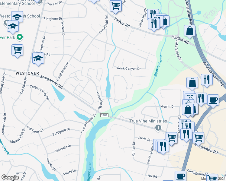 map of restaurants, bars, coffee shops, grocery stores, and more near 209 Waterdown Drive in Fayetteville