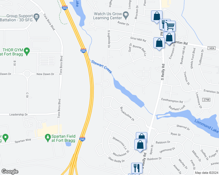 map of restaurants, bars, coffee shops, grocery stores, and more near 946 Stewarts Creek Drive in Fayetteville