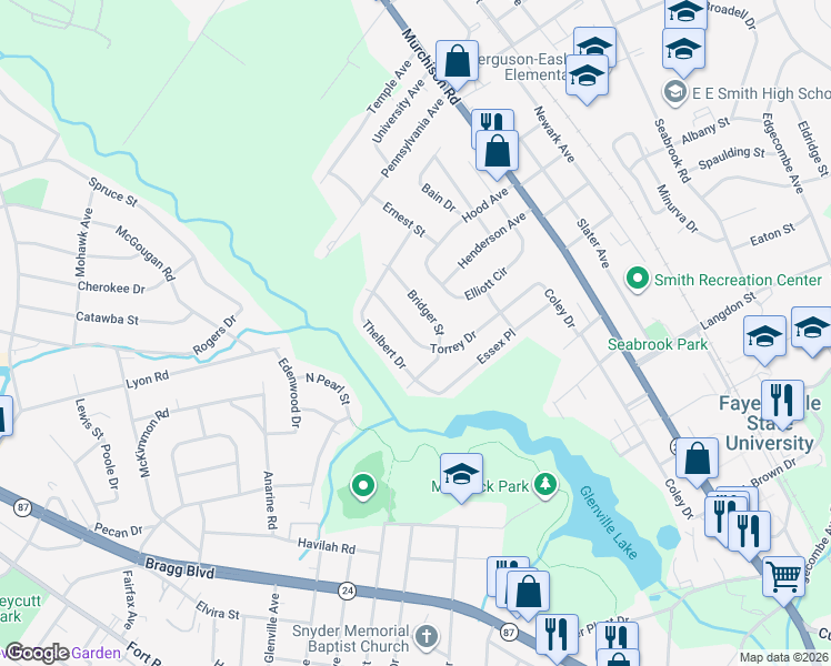 map of restaurants, bars, coffee shops, grocery stores, and more near 1761 Bridger St in Fayetteville