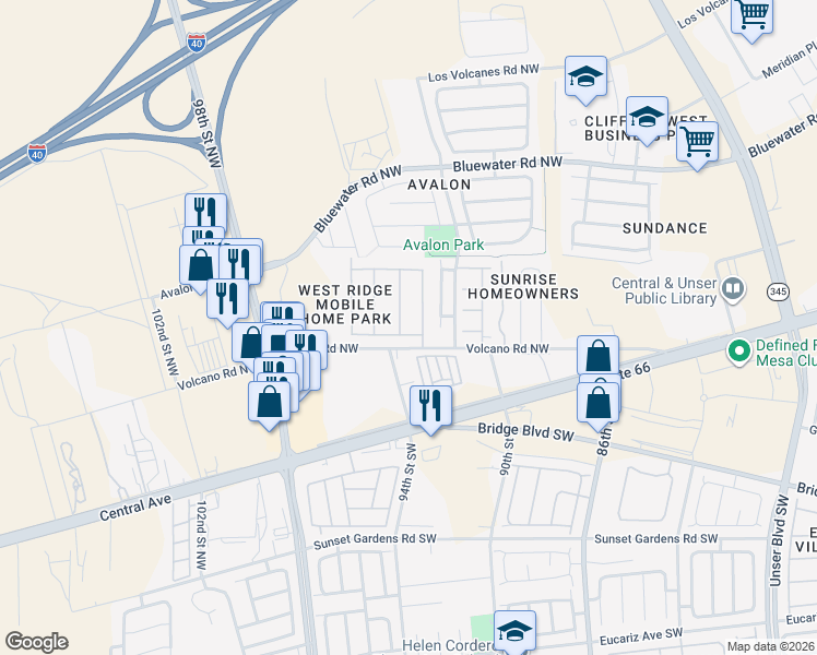 map of restaurants, bars, coffee shops, grocery stores, and more near 9301 Volcano Road Northwest in Albuquerque