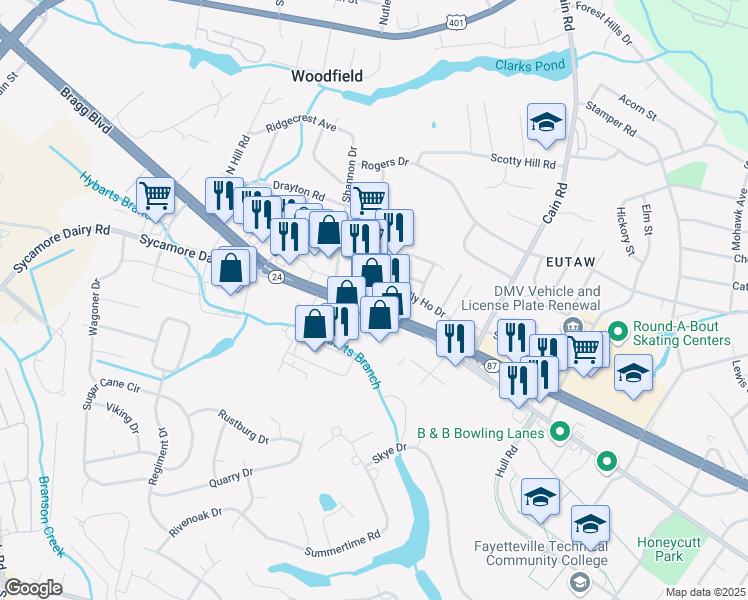 map of restaurants, bars, coffee shops, grocery stores, and more near 3308 Bragg Boulevard in Fayetteville