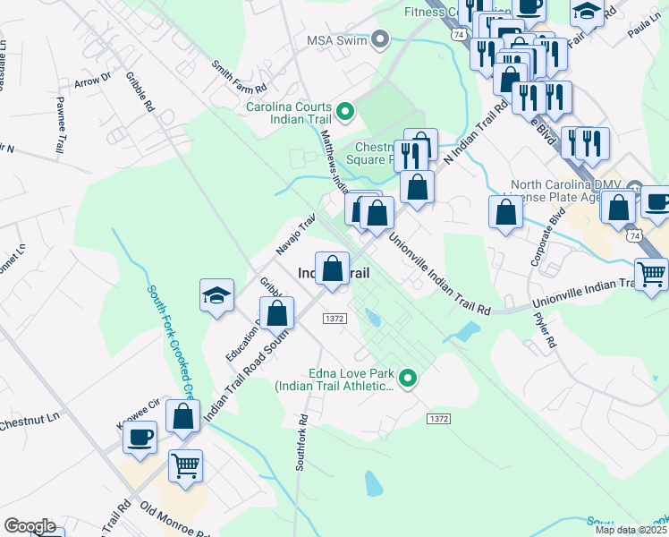map of restaurants, bars, coffee shops, grocery stores, and more near 106 Indian Trail Road South in Indian Trail