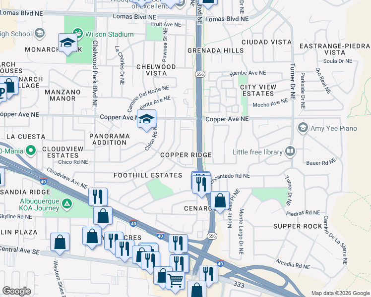 map of restaurants, bars, coffee shops, grocery stores, and more near 557 Tramway Boulevard Northeast in Albuquerque