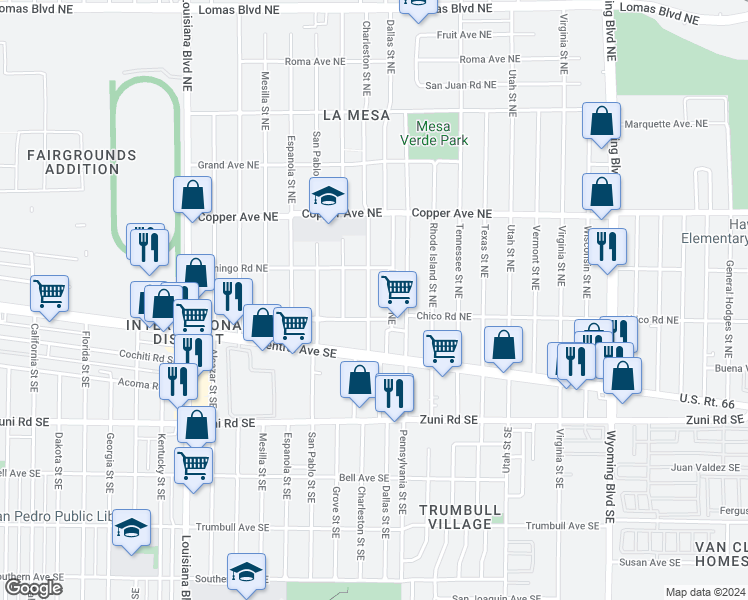 map of restaurants, bars, coffee shops, grocery stores, and more near 225 Dallas Street Northeast in Albuquerque
