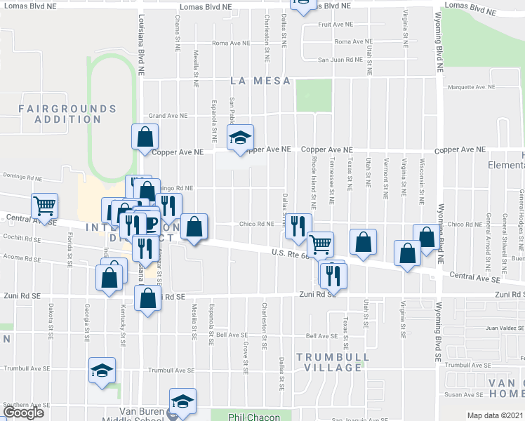 map of restaurants, bars, coffee shops, grocery stores, and more near in Albuquerque