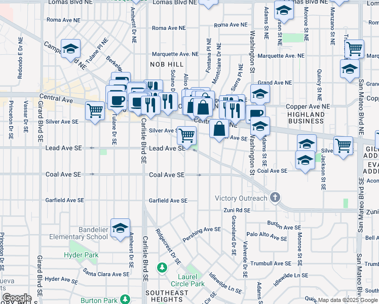 map of restaurants, bars, coffee shops, grocery stores, and more near 3901 Lead Avenue Southeast in Albuquerque
