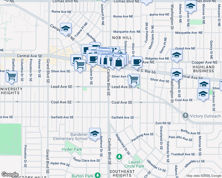 map of restaurants, bars, coffee shops, grocery stores, and more near 221 Hermosa Drive Southeast in Albuquerque