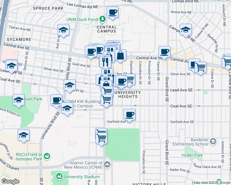 map of restaurants, bars, coffee shops, grocery stores, and more near 221 Cornell Drive Southeast in Albuquerque