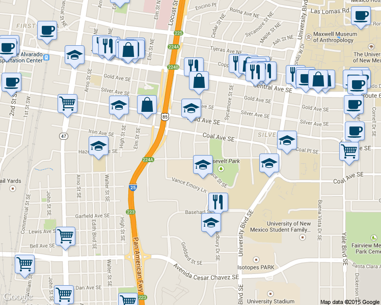 map of restaurants, bars, coffee shops, grocery stores, and more near 521 Cedar Street Southeast in Albuquerque