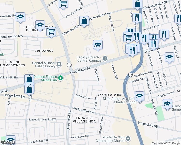map of restaurants, bars, coffee shops, grocery stores, and more near 7500 Central Avenue Northwest in Albuquerque