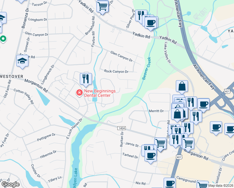 map of restaurants, bars, coffee shops, grocery stores, and more near 274 Waterdown Drive in Fayetteville