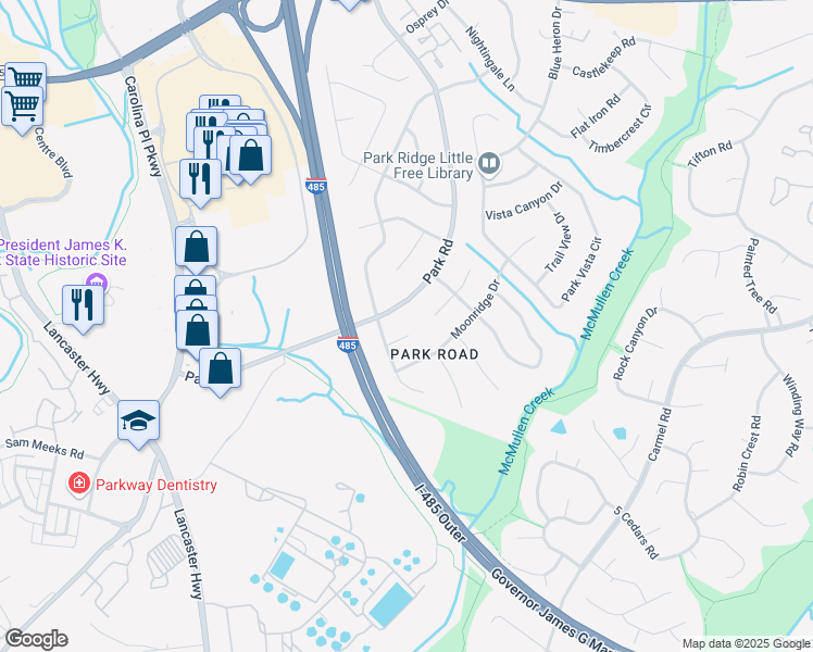 map of restaurants, bars, coffee shops, grocery stores, and more near 11807 Park Road in Charlotte