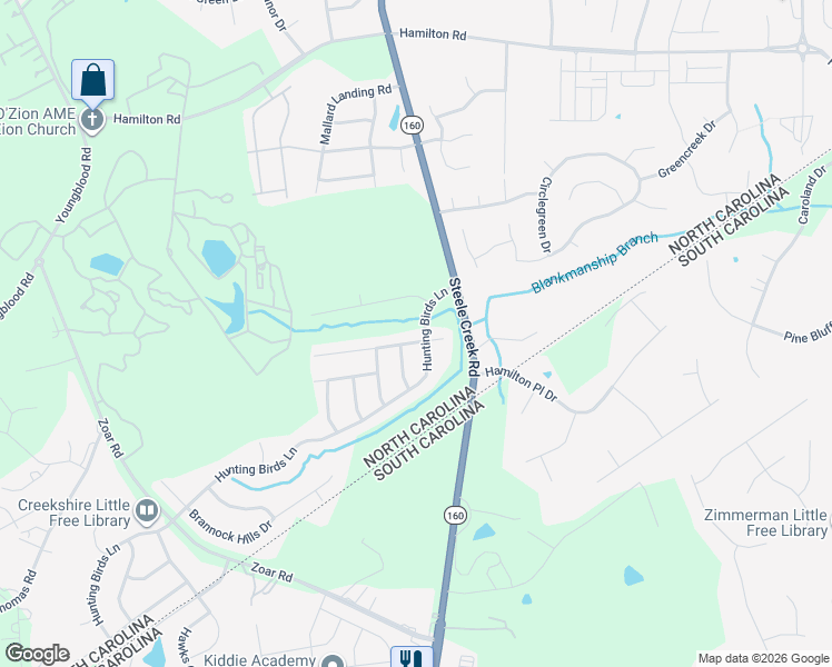 map of restaurants, bars, coffee shops, grocery stores, and more near 16232 Long Talon Way in Charlotte