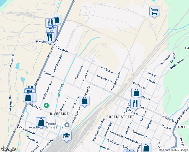 map of restaurants, bars, coffee shops, grocery stores, and more near 3202 Riverside Drive in Chattanooga