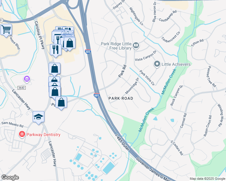 map of restaurants, bars, coffee shops, grocery stores, and more near 11807 Park Road in Charlotte
