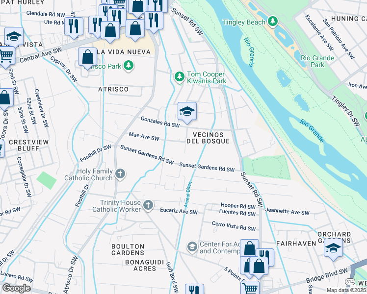 map of restaurants, bars, coffee shops, grocery stores, and more near 1700 Mae Avenue Southwest in Albuquerque