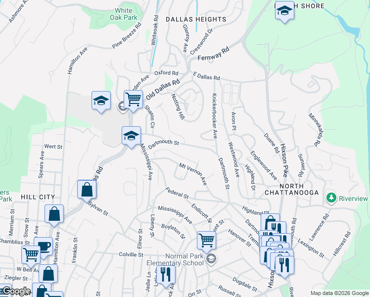 map of restaurants, bars, coffee shops, grocery stores, and more near 1307 Carrington Way in Chattanooga