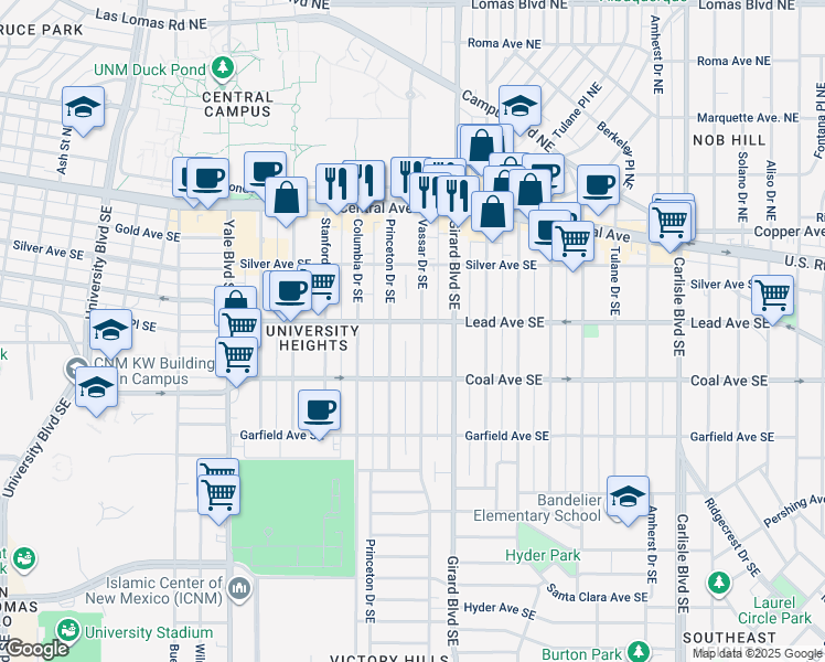 map of restaurants, bars, coffee shops, grocery stores, and more near 303 Vassar Drive Southeast in Albuquerque