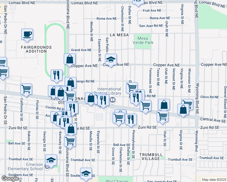 map of restaurants, bars, coffee shops, grocery stores, and more near 217 Grove Street Northeast in Albuquerque