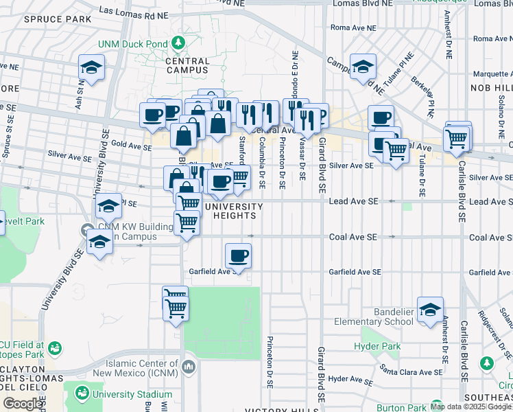 map of restaurants, bars, coffee shops, grocery stores, and more near 222 Columbia Drive Southeast in Albuquerque