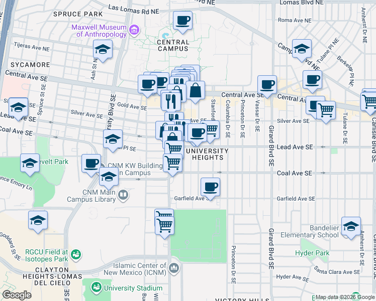 map of restaurants, bars, coffee shops, grocery stores, and more near 221 Cornell Drive Southeast in Albuquerque