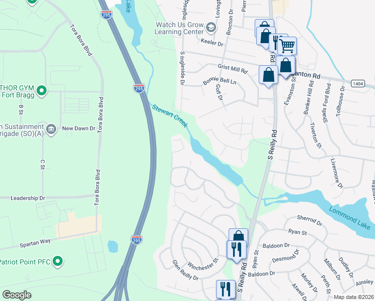 map of restaurants, bars, coffee shops, grocery stores, and more near 950 Stewarts Creek Drive in Fayetteville