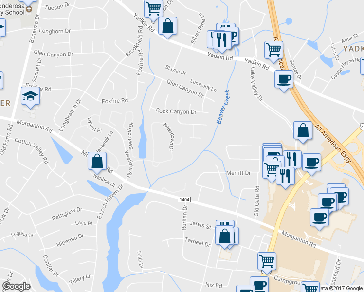 map of restaurants, bars, coffee shops, grocery stores, and more near 301 Warton Lane in Fayetteville