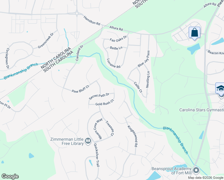 map of restaurants, bars, coffee shops, grocery stores, and more near 1241 Gold Rush Court in Fort Mill