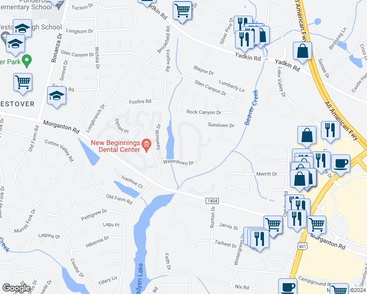 map of restaurants, bars, coffee shops, grocery stores, and more near 208 Waterdown Drive in Fayetteville