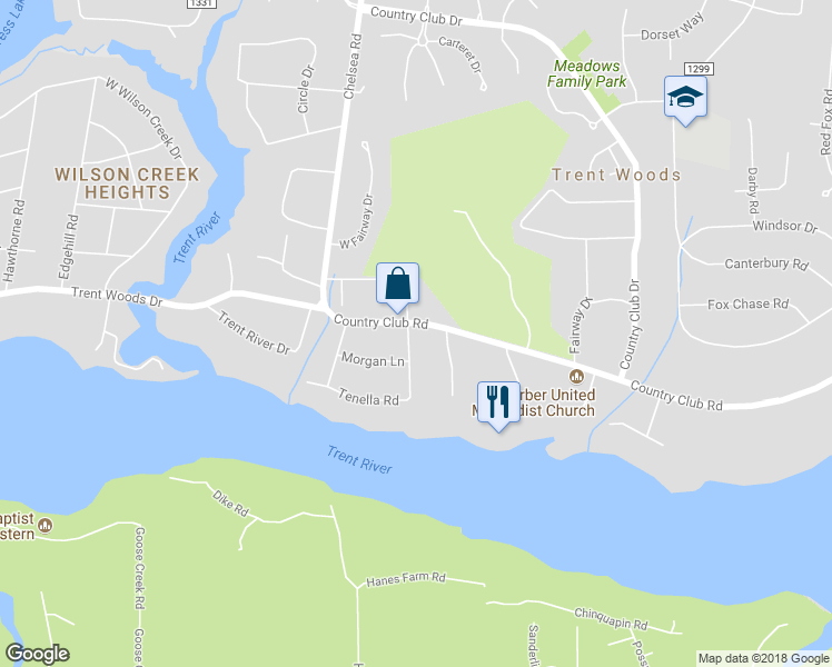 map of restaurants, bars, coffee shops, grocery stores, and more near 4405 Country Club Road in Trent Woods