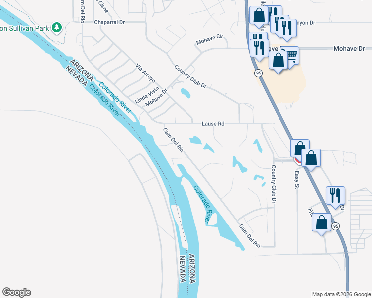 map of restaurants, bars, coffee shops, grocery stores, and more near 2834 Camino Del Rio in Bullhead City