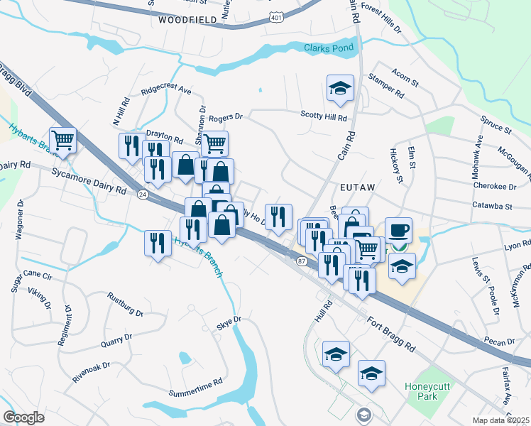 map of restaurants, bars, coffee shops, grocery stores, and more near 917 Pedro Drive in Fayetteville