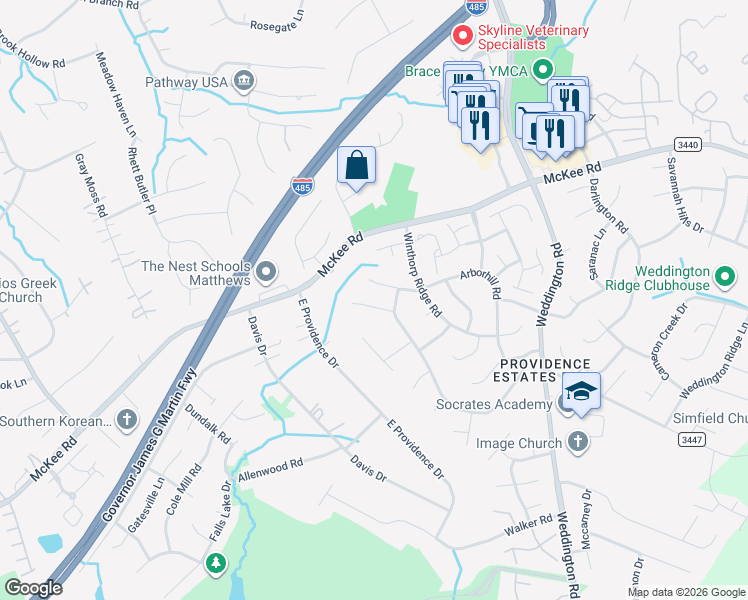 map of restaurants, bars, coffee shops, grocery stores, and more near 3108 Arborhill Road in Charlotte
