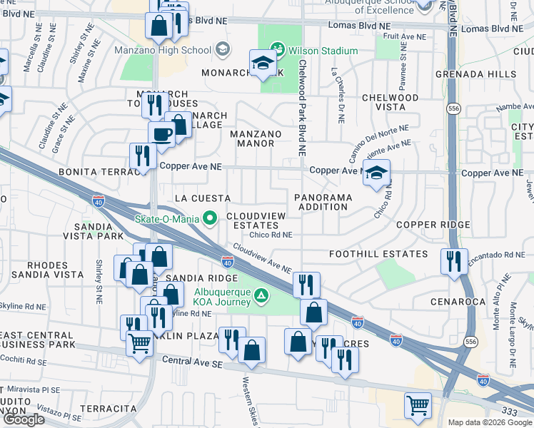 map of restaurants, bars, coffee shops, grocery stores, and more near 12412 Domingo Road Northeast in Albuquerque