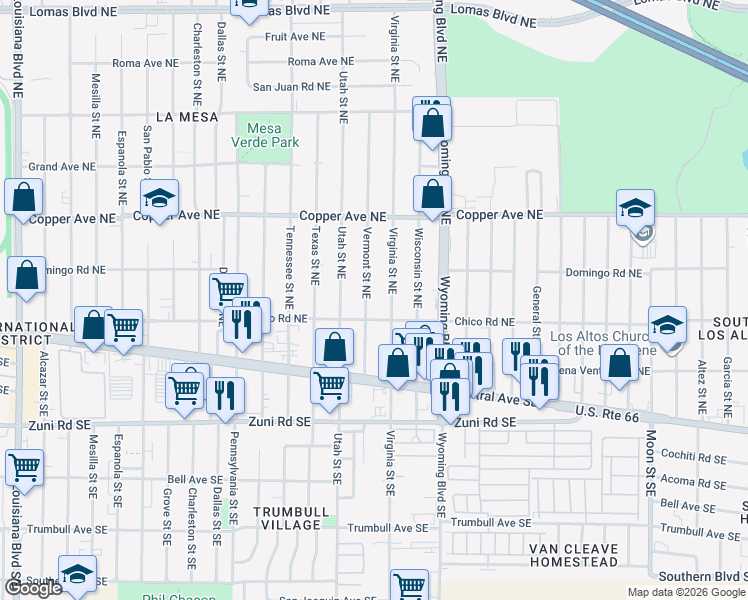 map of restaurants, bars, coffee shops, grocery stores, and more near 229 Vermont Street Northeast in Albuquerque