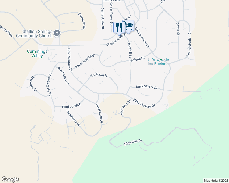 map of restaurants, bars, coffee shops, grocery stores, and more near 17261 Bold Venture Drive in Stallion Springs