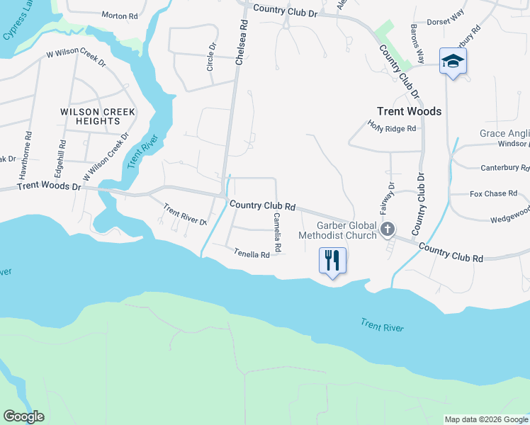 map of restaurants, bars, coffee shops, grocery stores, and more near 4506 Country Club Road in Trent Woods