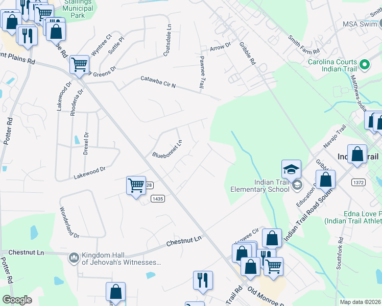 map of restaurants, bars, coffee shops, grocery stores, and more near 5008 Tulip Lane in Matthews
